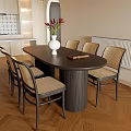 Modern Dining Table Set With Oval Table Four Chairs White Vase And Herringbone Floor 3d model