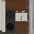Modern Wooden Balcony Cabinet Design Featuring Washing Machines Sink Faucet And Potted Plant On Shelf