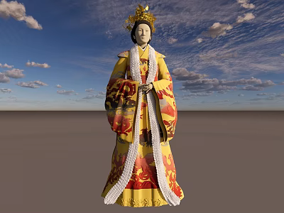Woman In Traditional Imperial Costume With Elaborate Golden Headdress And Embroidered Robe 3d model