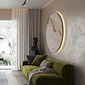 Modern Study Room Interior Design With Open Shelves Green Sofa And Round Pendant Light
