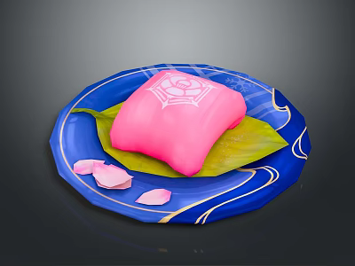 Elegant Blue Decorative Plate With Pink Pastry On Green Leaf And Gold Patterns 3d model