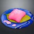 Elegant Blue Decorative Plate With Pink Pastry On Green Leaf And Gold Patterns