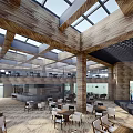 Spacious Restaurant Interior With High Ceiling Skylights Wooden Structure And Large Windows