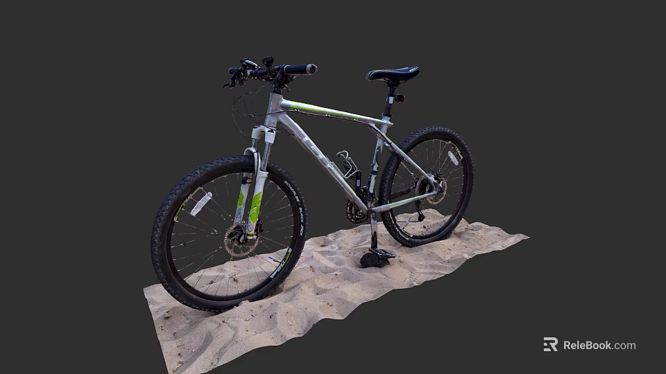 Silver Green Mountain Bike With Wide Tires On Sandy Surface 3d model 