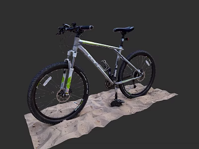 Silver Green Mountain Bike With Wide Tires On Sandy Surface 3d model