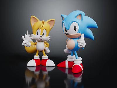 Yellow Fox and Blue Hedgehog Anthropomorphic Characters with Thumbs Up Gesture and Red Shoes 3d model