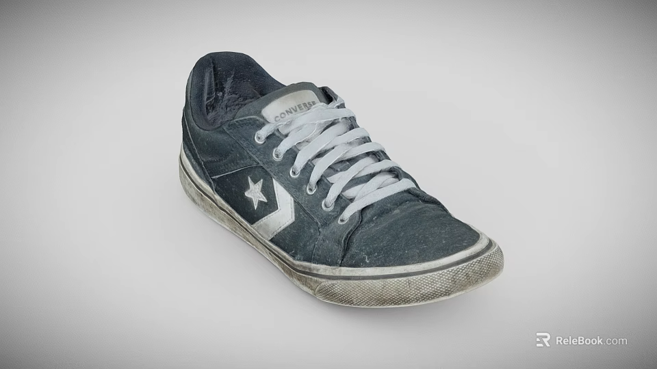 Black Converse Shoes With White Laces And Star Logo Distressed Design 3d model 