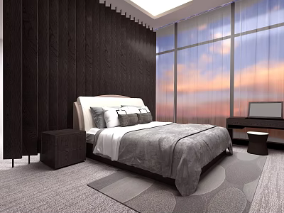 Modern Double Bed In Bedroom With Dark Wooden Wall Large Window And Sunset Sky 3d model
