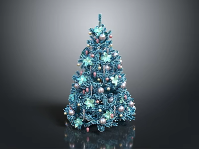 Blue Christmas Tree Decorated With Floral Ornaments And Pearl Beads 3d model