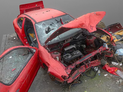 Red Damaged Car With Crashed Front End Open Hood And Broken Glass 3d model