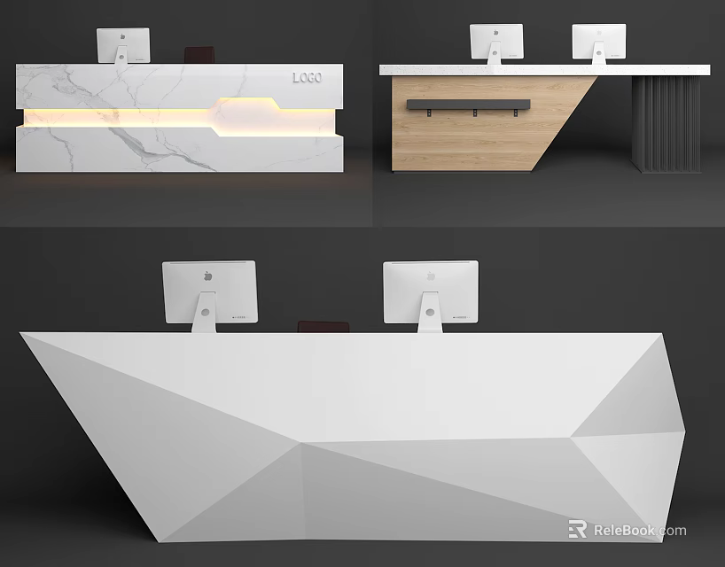 Modern Geometric Reception Desk Interior Design With Marble Countertop And Computer Monitors 3d model