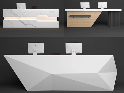Modern Geometric Reception Desk Interior Design With Marble Countertop And Computer Monitors 3d model