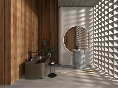 Modern Bathroom Interior Design With Wooden Walls Round Mirror Stone Sink And Geometric Perforated Wall 3d model