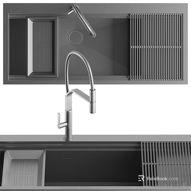 Modern Kitchen Sink With Pull Out Faucet And Integrated Drainage Grill On Black Countertop 3d model