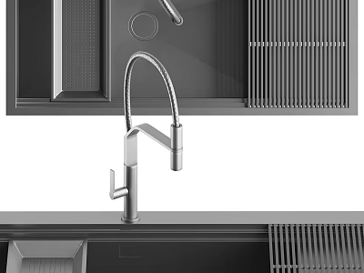 Modern Kitchen Sink With Pull Out Faucet And Integrated Drainage Grill On Black Countertop 3d model
