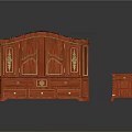 Traditional Red Wooden Cabinet With Golden Accents And Small Side Table