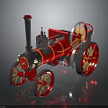 Vintage Steam Car With Red Body Black Chimney And Yellow Spoked Wheels