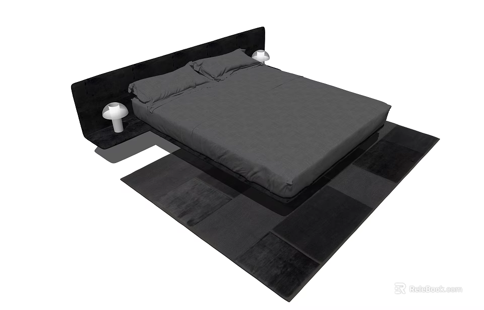 Double Bed with Black Headboard Gray Bedspread White Table Lamps on Black Patchwork Rug 3d model 
