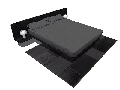 Double Bed with Black Headboard Gray Bedspread White Table Lamps on Black Patchwork Rug 3d model