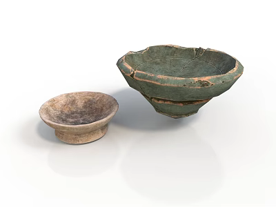 Two Unique Handcrafted Ceramic Sculpted Bowls With Earthy Green And Brown Textures 3d model