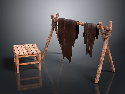 Rustic Wooden Striped Stool With Simple Design Beside Wooden Stand Hanging Brown Fabric 3d model