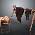 Rustic Wooden Striped Stool With Simple Design Beside Wooden Stand Hanging Brown Fabric