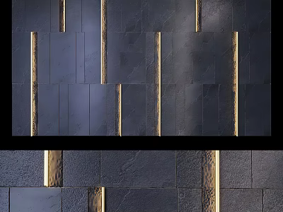 Modern Dark Textured Stone Background Wall With Decorative Vertical Golden Strips 3d model