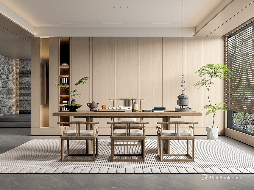 Modern Tea Room Interior With Wooden Walls Long Table Chairs Tea Sets And Green Plants 3d model 