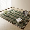 Square Rug In Green Beige Checkered Pattern On Light Wooden Floor With Flowers Magazines Clothes