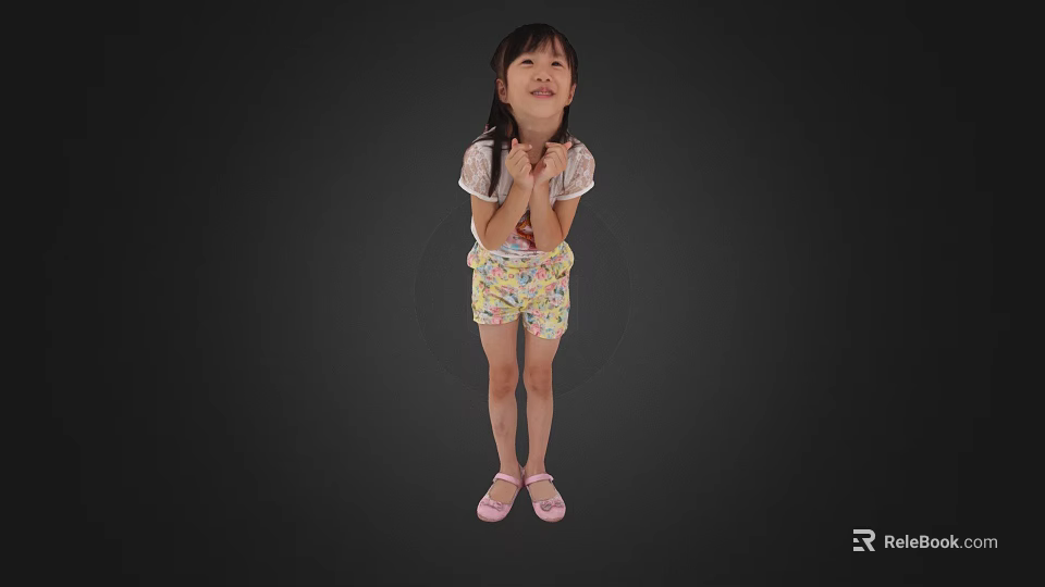 Child In Transparent Top Colorful Shorts Pink Shoes With Hands Crossed On Black Background 3d model 
