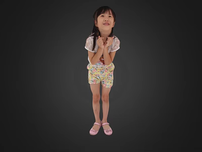 Child In Transparent Top Colorful Shorts Pink Shoes With Hands Crossed On Black Background 3d model