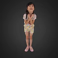 Child In Transparent Top Colorful Shorts Pink Shoes With Hands Crossed On Black Background