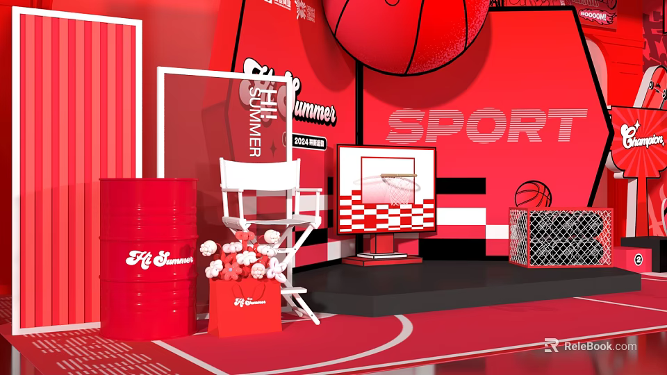 Basketball Sport Scene With Red Background Director Chair Barrel Flower Bouquet And Screen 3d model 