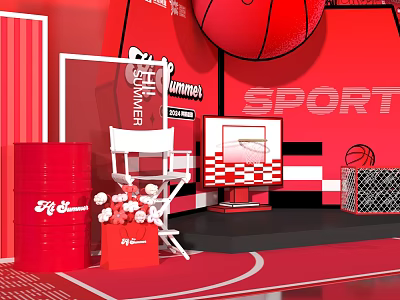 Basketball Sport Scene With Red Background Director Chair Barrel Flower Bouquet And Screen 3d model