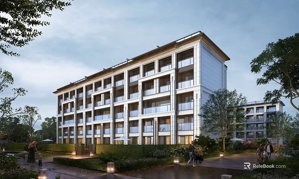 Modern Multi Storey Residential Building Surrounded By Greenery And Pathways 3d model