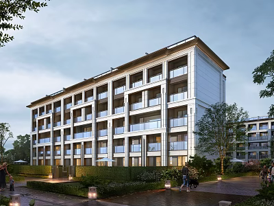 Modern Multi Storey Residential Building Surrounded By Greenery And Pathways 3d model