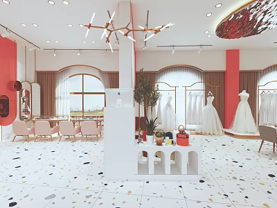 Elegant Wedding Dress Store Interior With Displayed Gowns Chandelier And Comfortable Seating 3d model