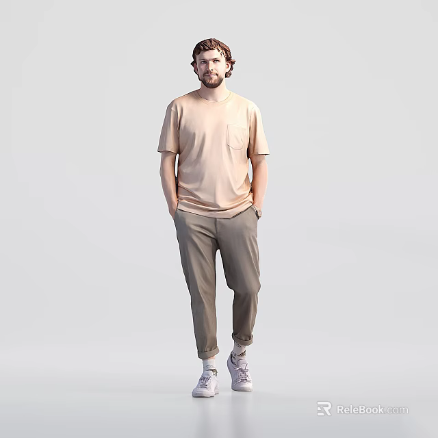 Man Standing With Hands In Pockets Wearing Light Brown T-shirt And Khaki Pants 3d model 