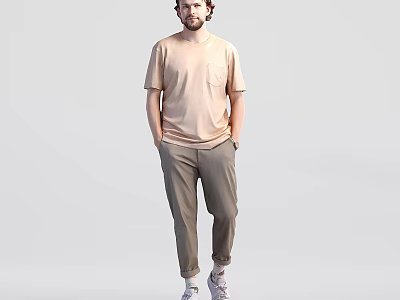 Man Standing With Hands In Pockets Wearing Light Brown T-shirt And Khaki Pants 3d model