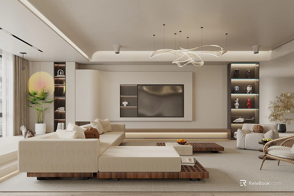 Modern Living Room Interior Design With Beige Sofa TV Wall Hanging Light And Wooden Shelves 3d model 