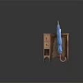 Wooden Nightstand With Two Drawers Open Shelf Blue Umbrella And White Mug On Wooden Floor