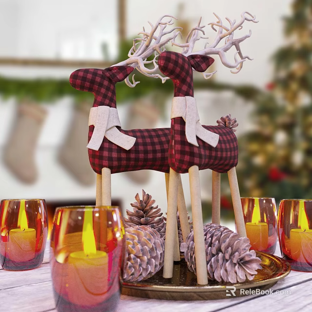 Christmas Decorative Ornaments Set with Plaid Reindeer Pinecones and Candle Holders 3d model 