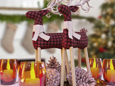 Christmas Decorative Ornaments Set with Plaid Reindeer Pinecones and Candle Holders 3d model
