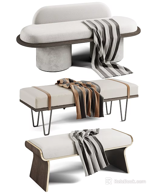 Modern Sofa Bench With Striped Blanket Metal Legs And Comfortable Beige Cushion 3d model 