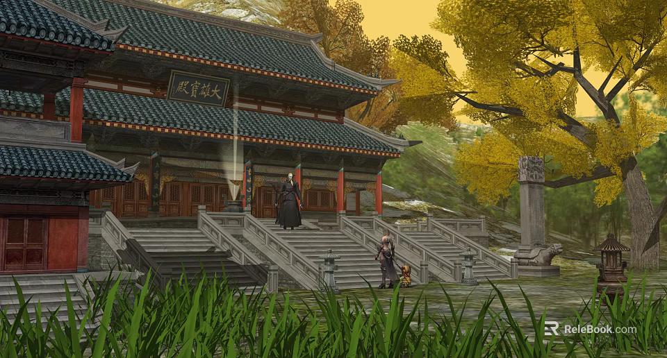 Traditional Chinese Architecture with Tile Roof Stone Steps Traditional Clothing People Ginkgo Trees and Mountain 3d model 