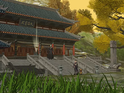 Traditional Chinese Architecture with Tile Roof Stone Steps Traditional Clothing People Ginkgo Trees and Mountain 3d model