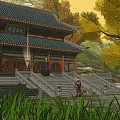 Traditional Chinese Architecture with Tile Roof Stone Steps Traditional Clothing People Ginkgo Trees and Mountain