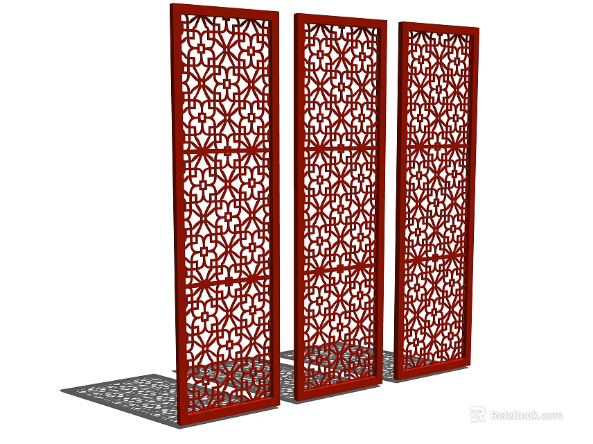 Red Three Panel Room Divider Screen With Intricate Lattice Design 3d model