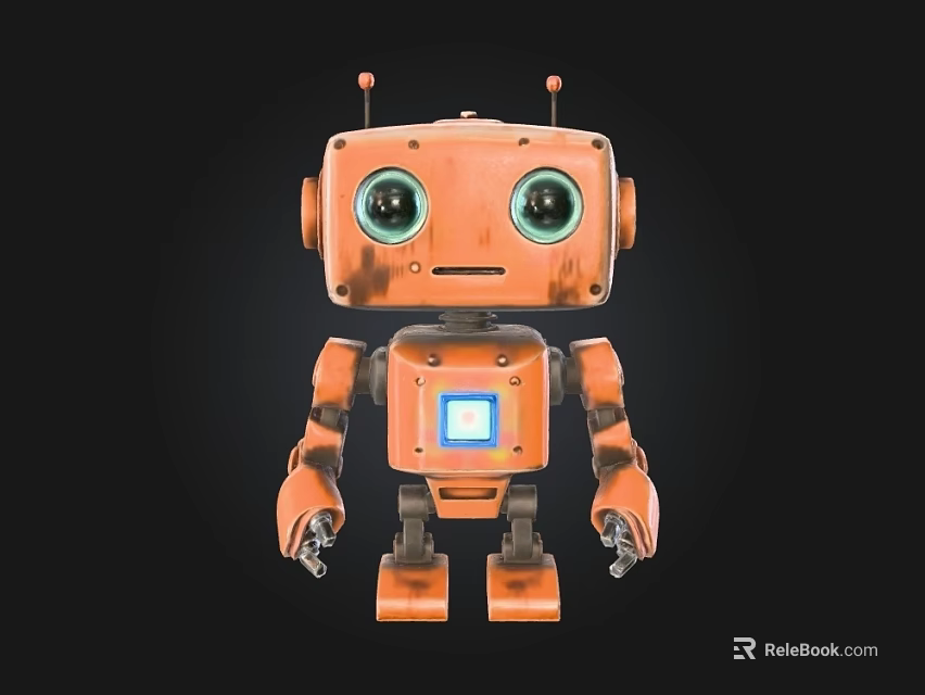 Orange Rustic Robot Doll With Large Eyes Blue Screen And Cute Appearance 3d model 