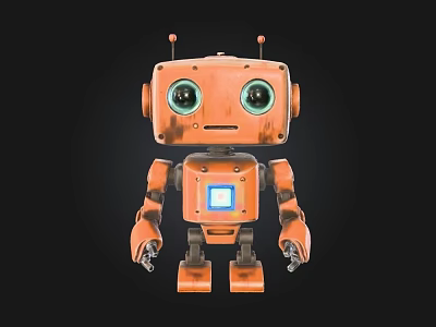 Orange Rustic Robot Doll With Large Eyes Blue Screen And Cute Appearance 3d model